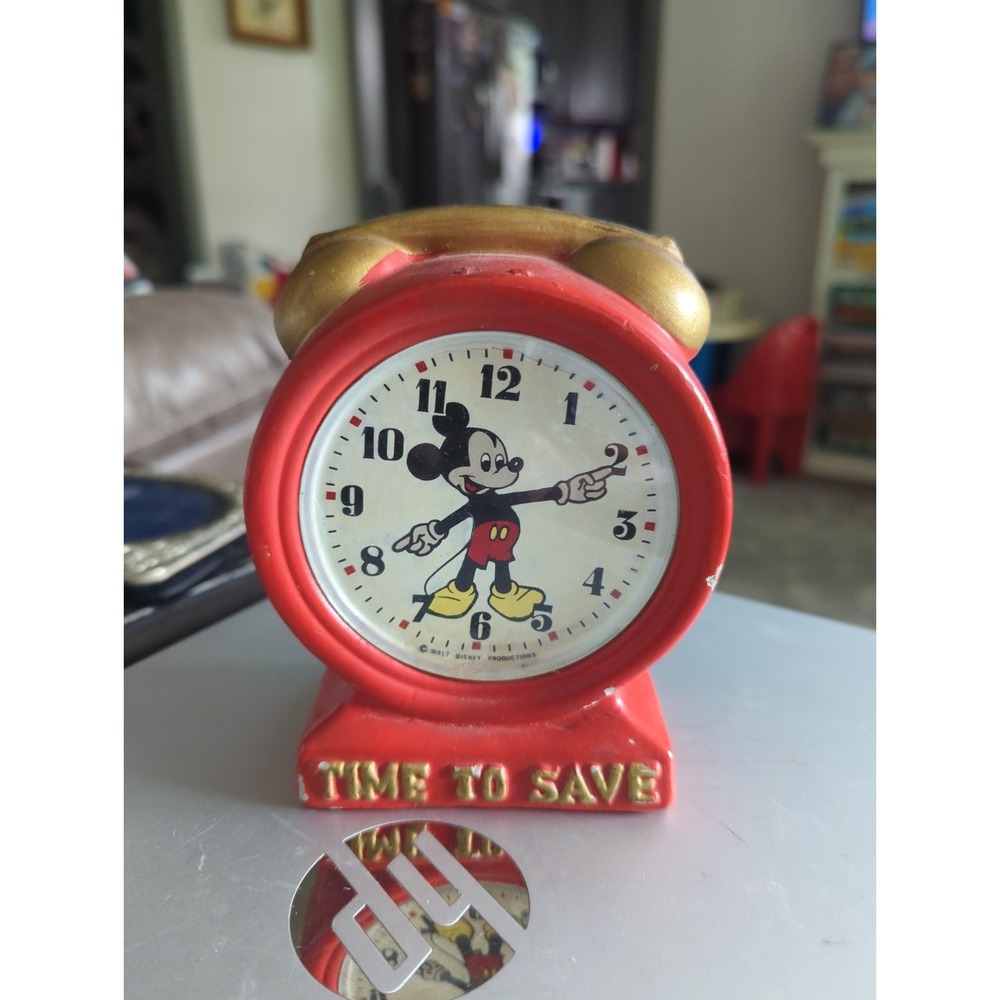 Vintage Enesco Disney Mickey Mouse Bank Clock  Time To Save Japan Red & Gold